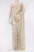 Beige Uppada Cotton Saree with Zari Butta on the body and Zari Border.  displayed on a mannequin