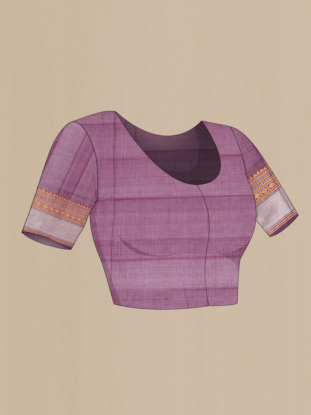 Close up image of the blouse of Purple Uppada Cotton Saree with Zari Butta on the body and Zari Border. 