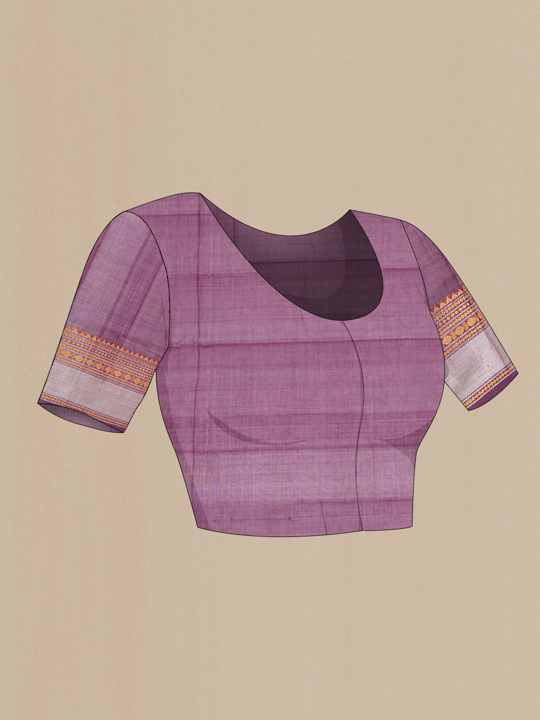 Close up image of the blouse of Purple Uppada Cotton Saree with Zari Butta on the body and Zari Border. 