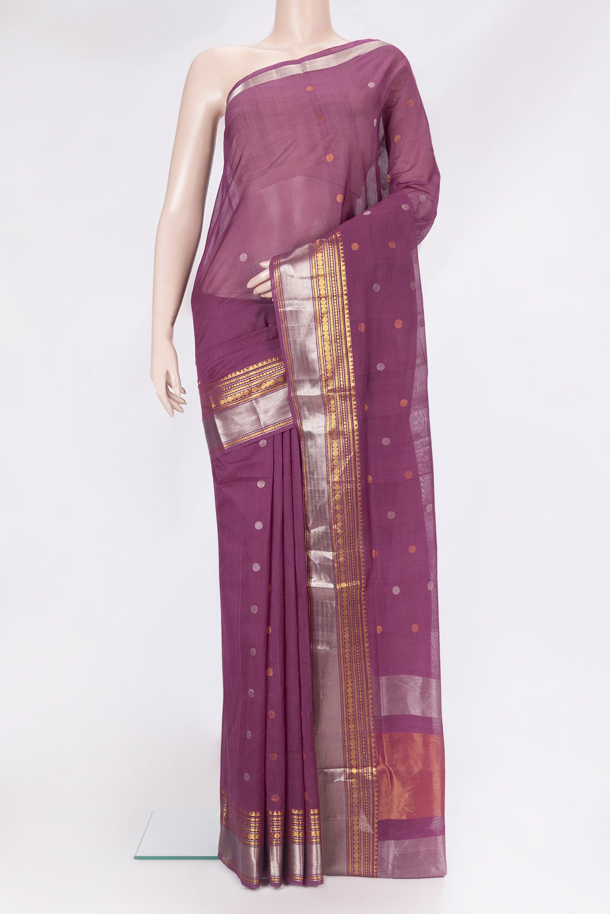 Purple Uppada Cotton Saree with Zari Butta on the body and Zari Border.  displayed on a mannequin