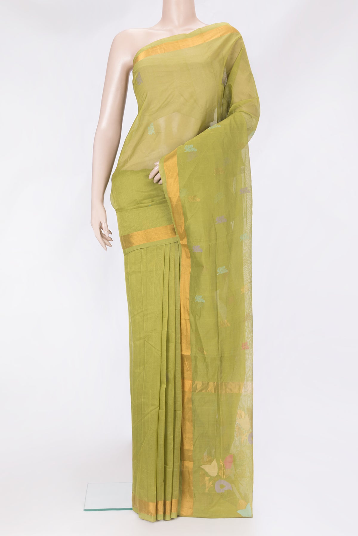 Pista Green Dual Tone Uppada Cotton Saree with Zari And Thread Butta on the body and Zari Border.  displayed on a mannequin
