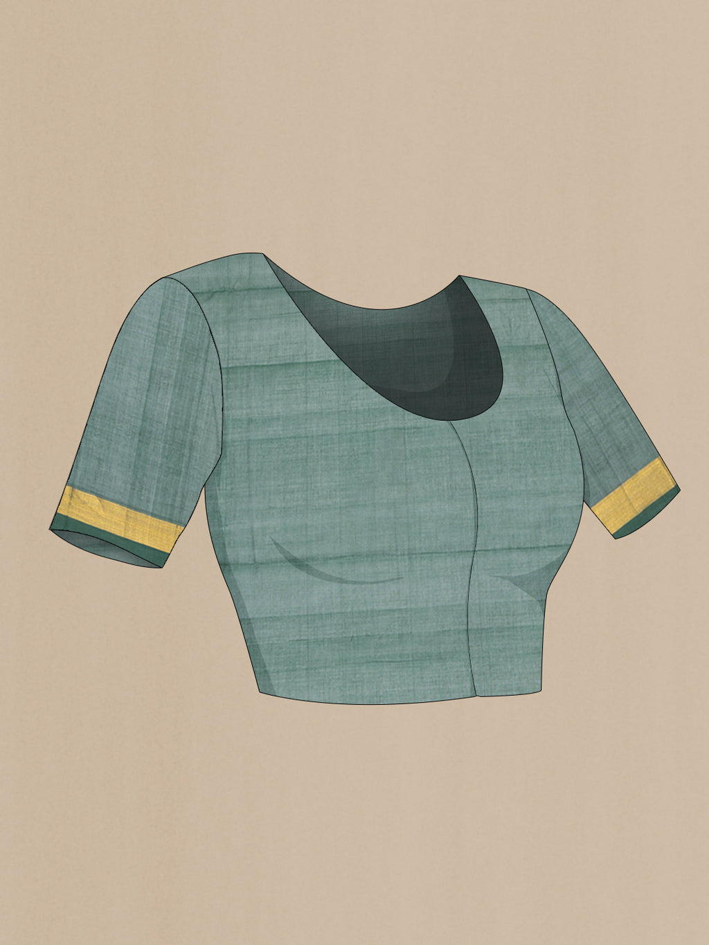 Close up image of the blouse of Bottle Green Uppada Cotton Saree with Zari And Thread Butta on the body and Zari Border. 