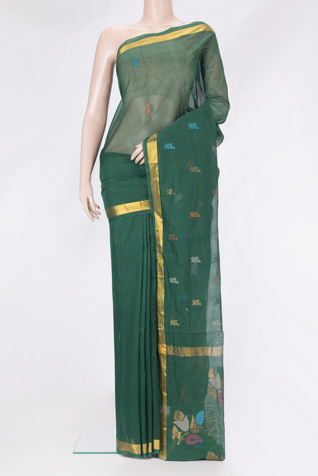 Bottle Green Uppada Cotton Saree with Zari And Thread Butta on the body and Zari Border.  displayed on a mannequin