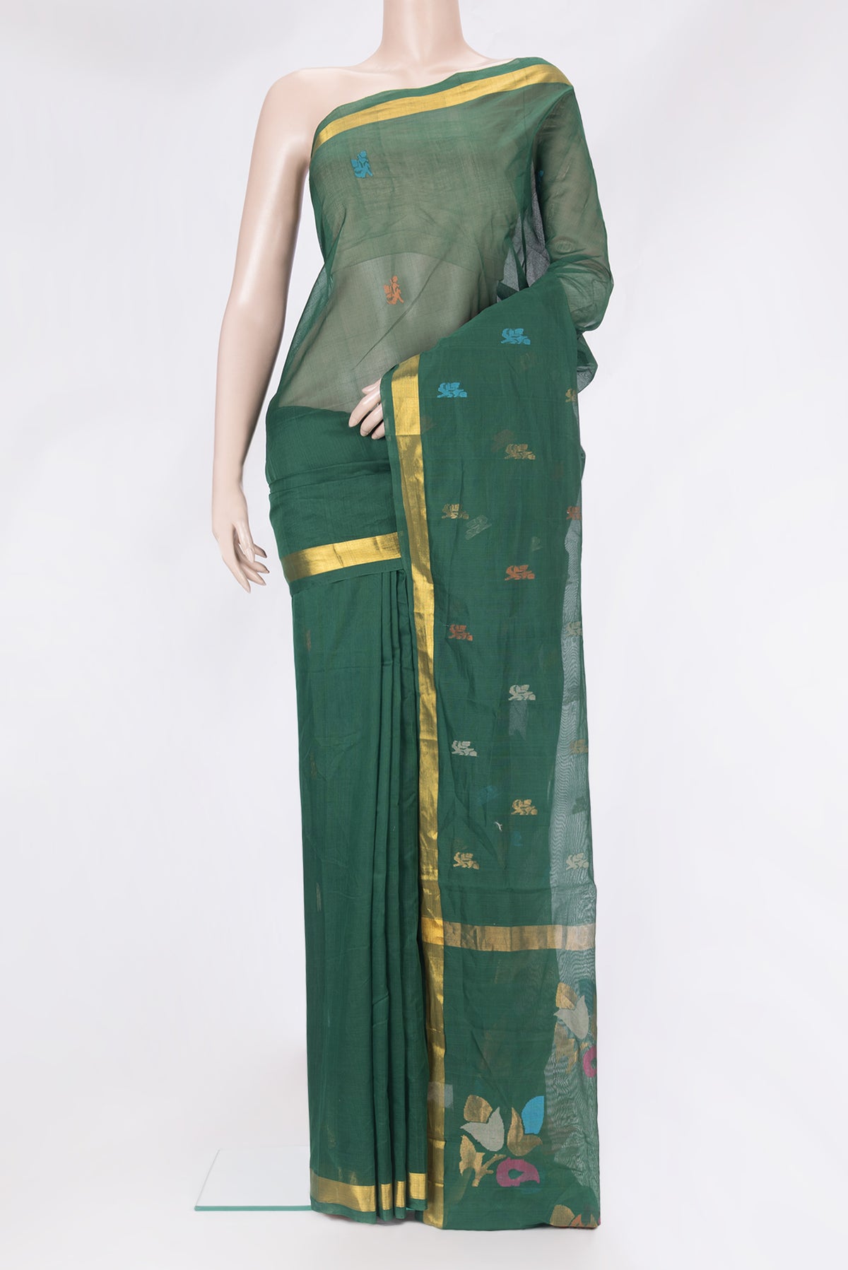 Bottle Green Uppada Cotton Saree with Zari And Thread Butta on the body and Zari Border.  displayed on a mannequin