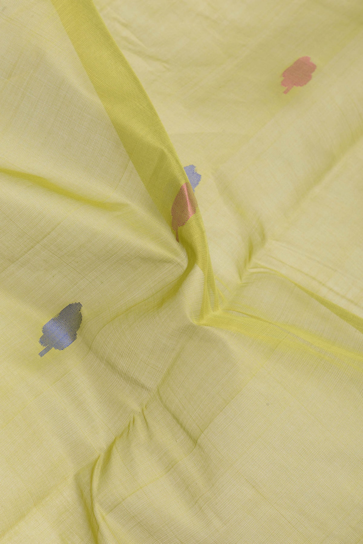 Close up of Pista Green Uppada Cotton Saree with Thread Butta on the body and Zari Border.  displaying folds