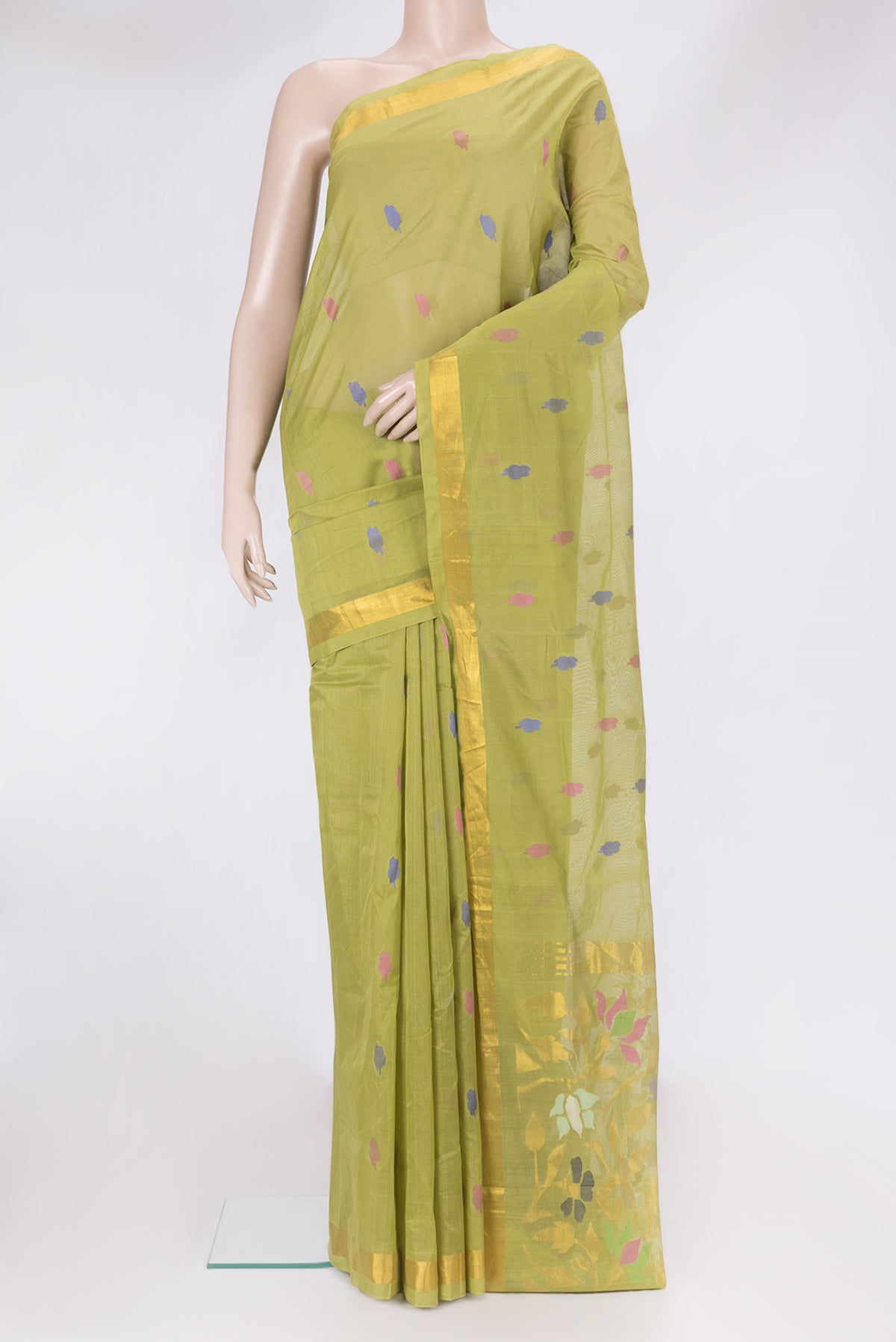 Pista Green Uppada Cotton Saree with Thread Butta on the body and Zari Border.  displayed on a mannequin