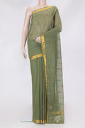Mehandi Green Uppada Cotton Saree with Thread Butta on the body and Zari Border.  displayed on a mannequin