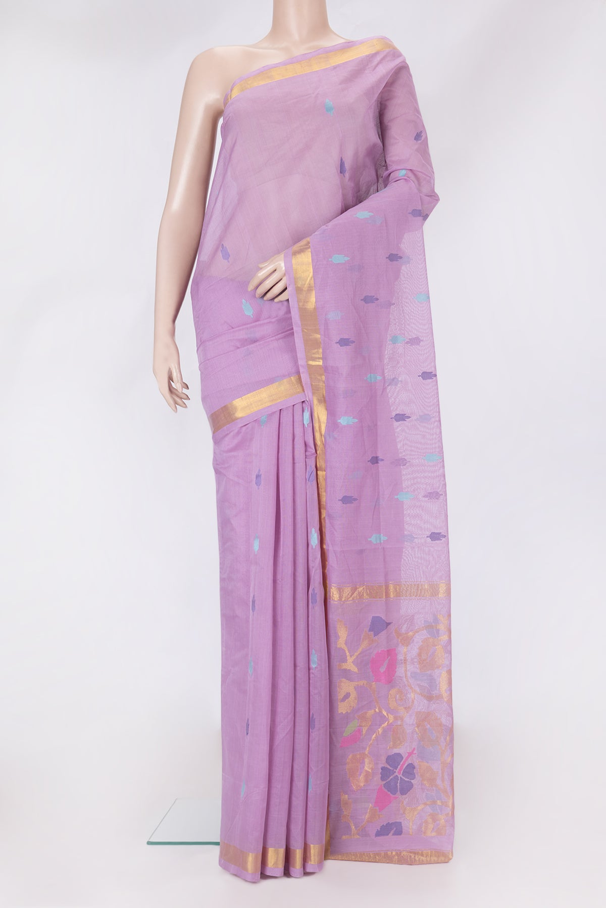 Lavender Uppada Cotton Saree with Thread Butta on the body and Zari Border.  displayed on a mannequin