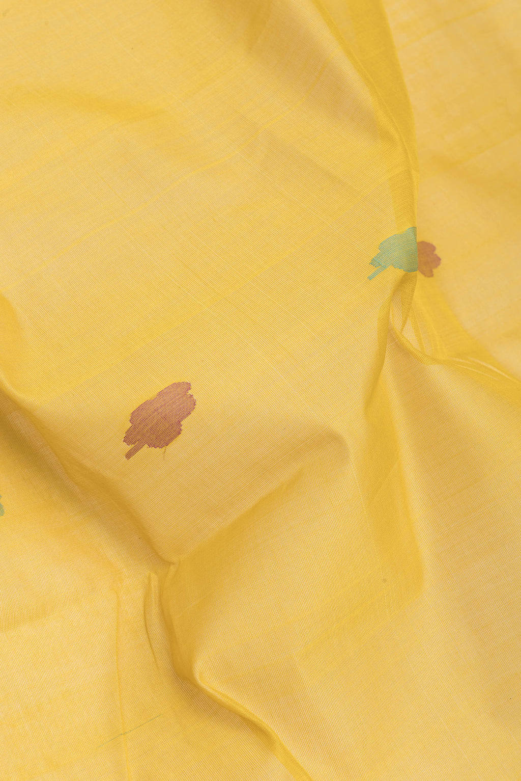 Close up of Mustard Uppada Cotton Saree with Thread Butta on the body and Zari Border.  displaying folds