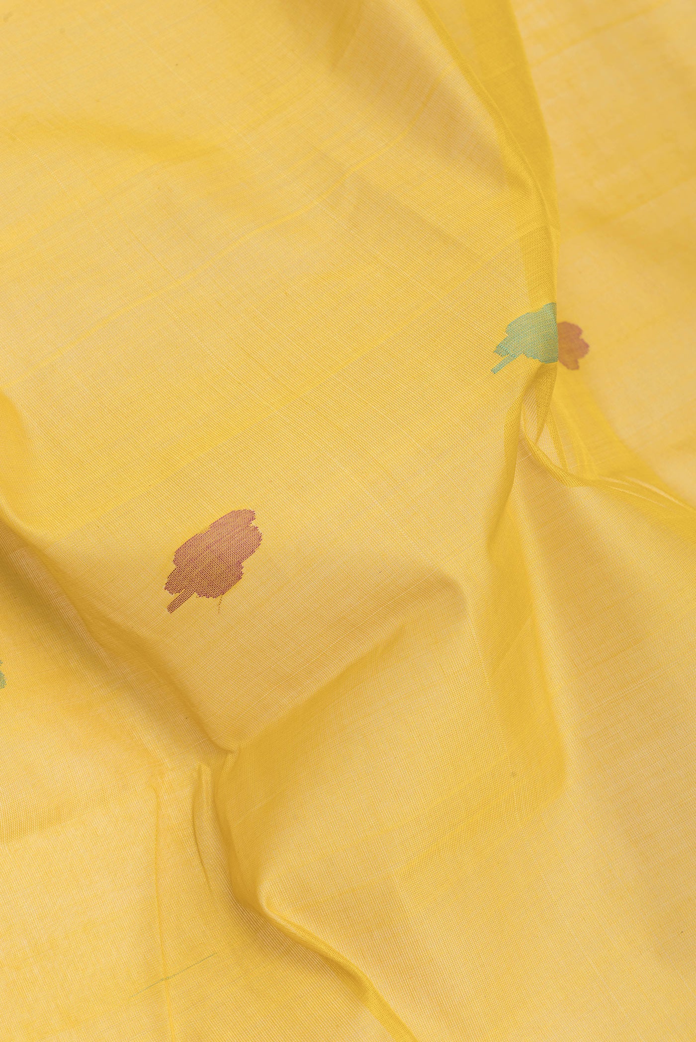 Close up of Mustard Uppada Cotton Saree with Thread Butta on the body and Zari Border.  displaying folds