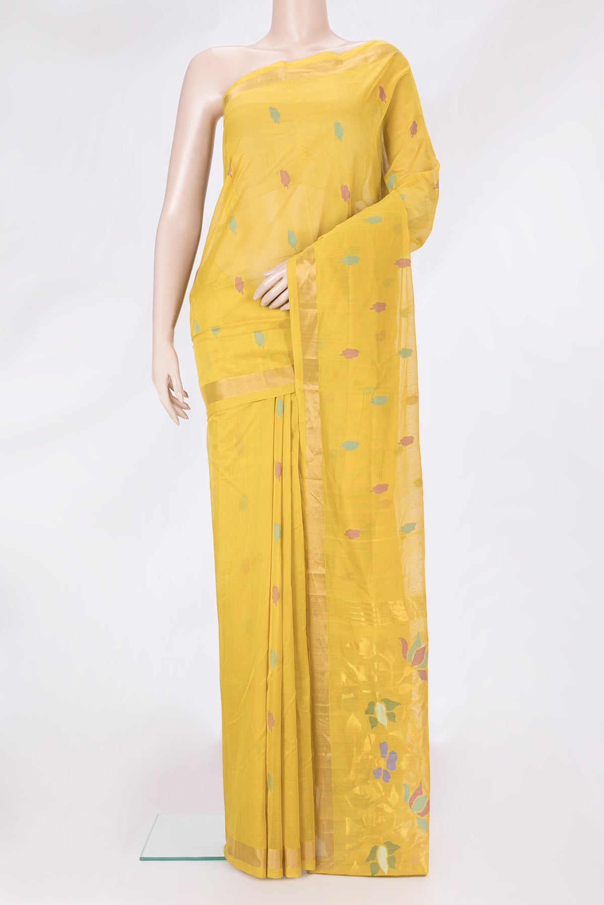 Mustard Uppada Cotton Saree with Thread Butta on the body and Zari Border.  displayed on a mannequin