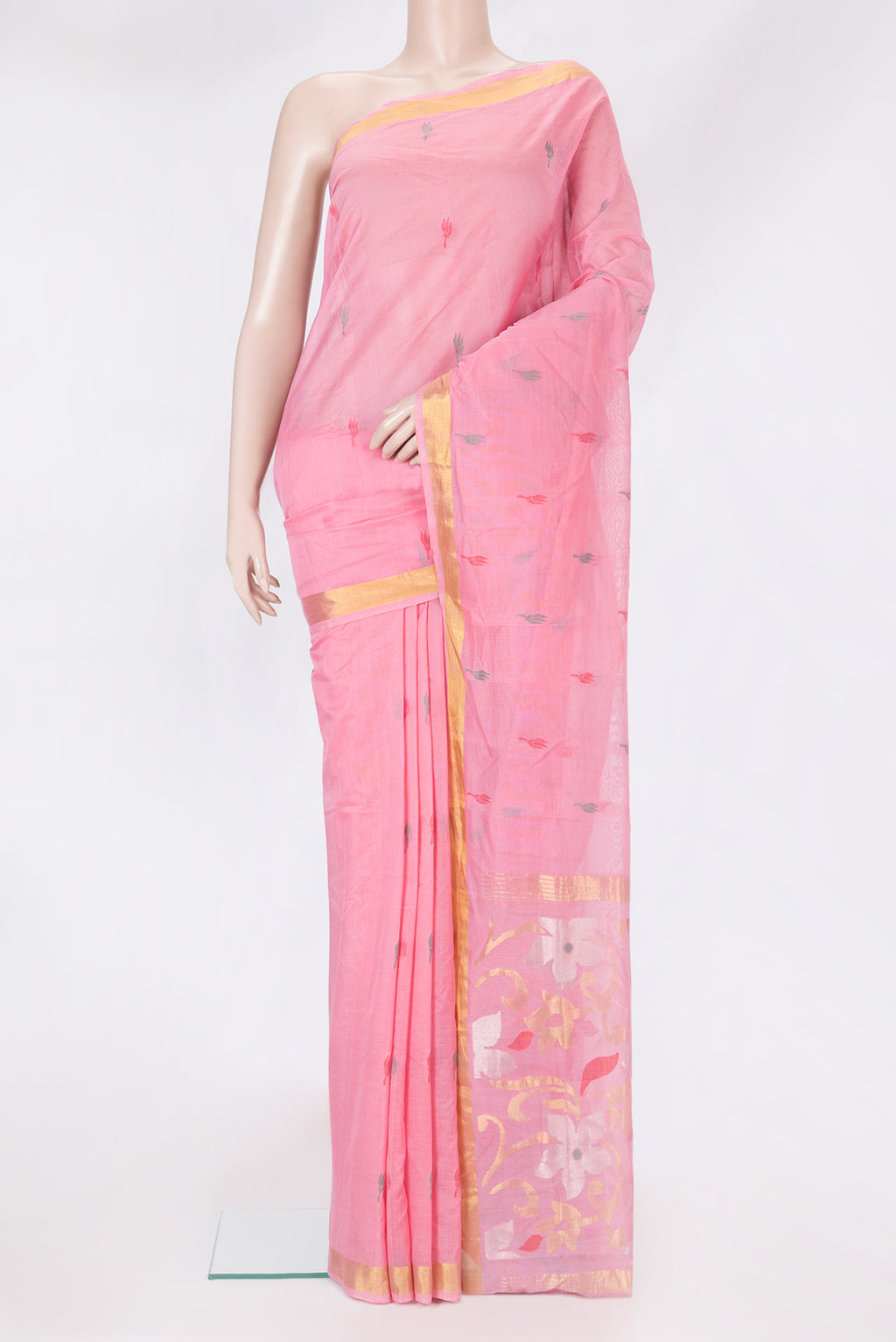 Pink Uppada Cotton Saree with Thread Butta on the body and Zari Border.  displayed on a mannequin