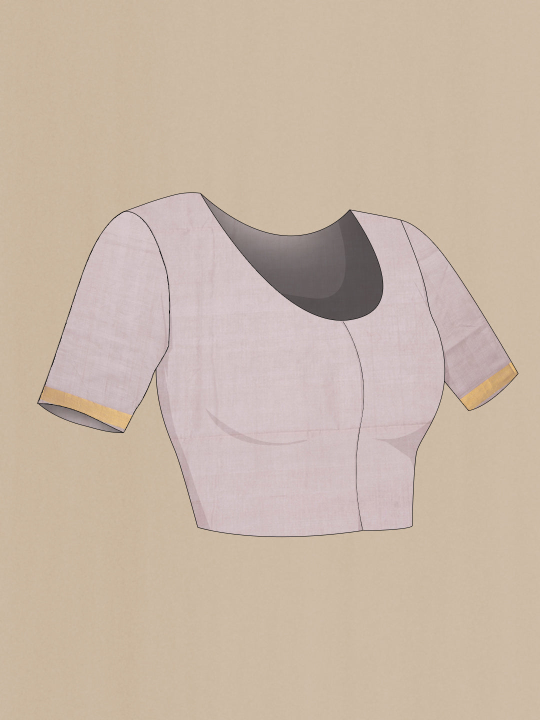 Close up image of the blouse of Beige Uppada Cotton Saree with Thread Butta on the body and Zari Border. 
