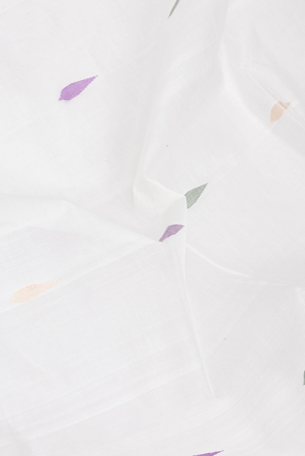 Close up of White Uppada Cotton Saree with Zari And Thread Butta on the body and Zari Border.  displaying folds