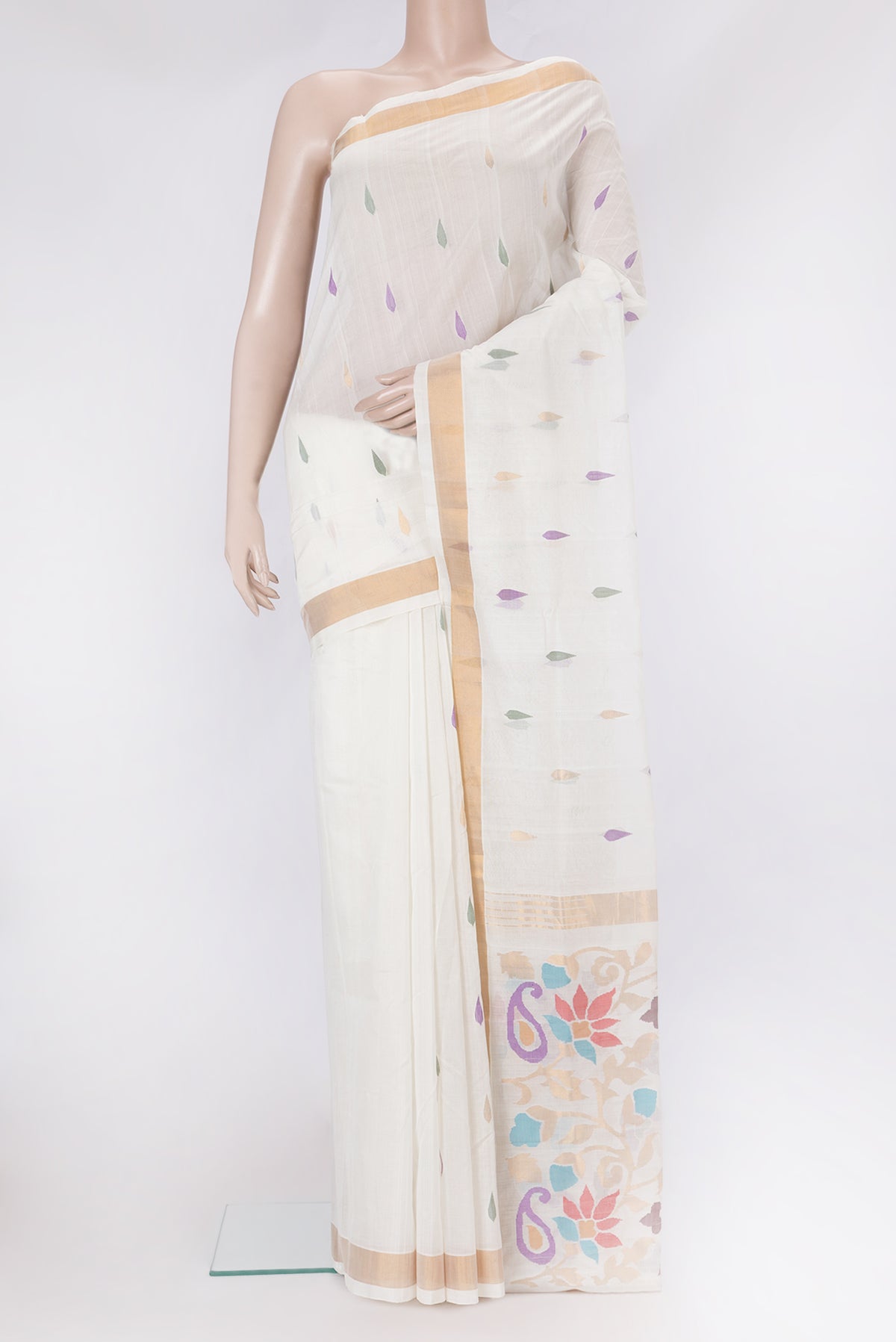 White Uppada Cotton Saree with Zari And Thread Butta on the body and Zari Border.  displayed on a mannequin