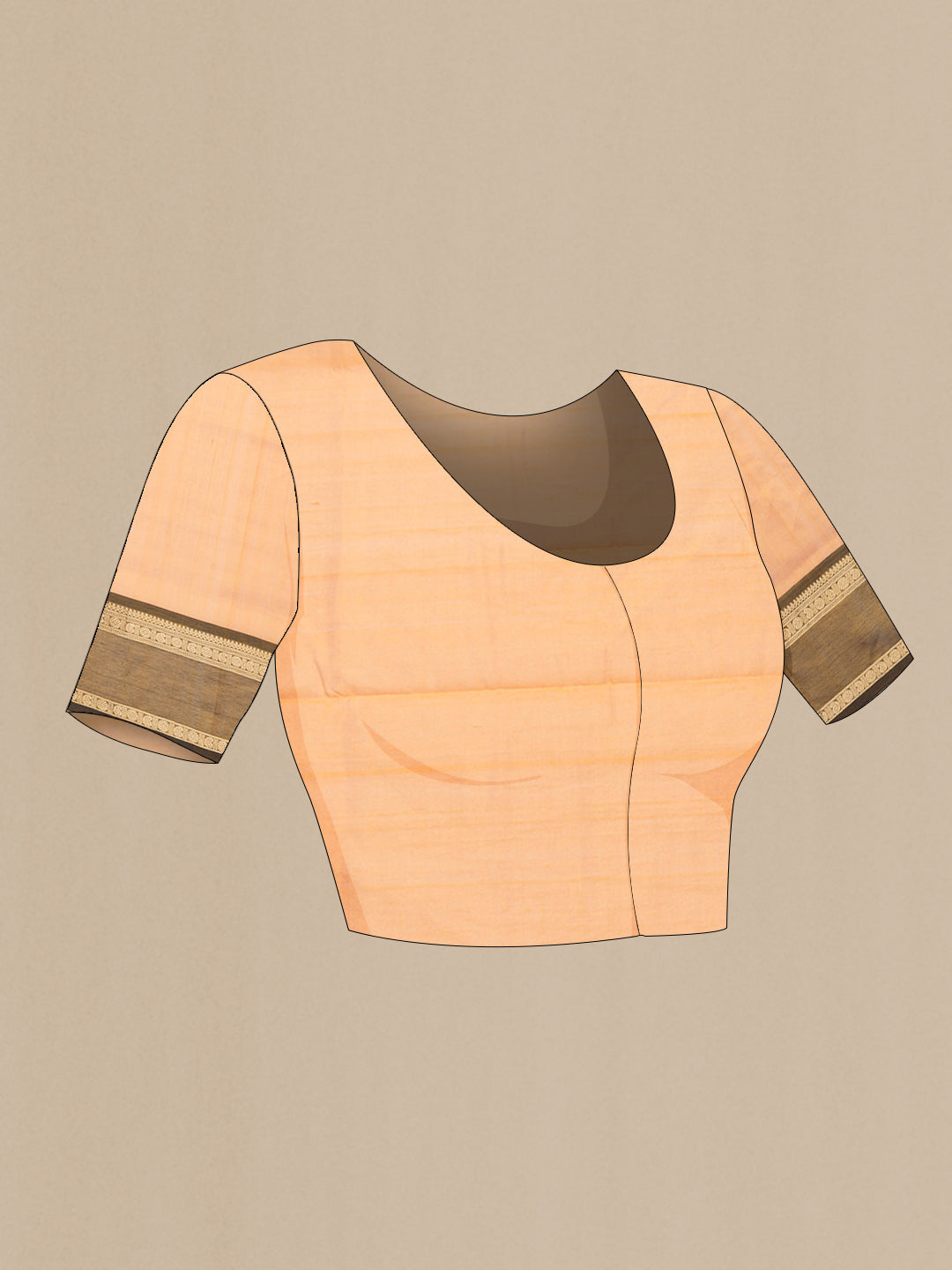 Close up image of the blouse of Golden Peach Dual Tone Silk Cotton Saree with Checked design on the body and Zari Border. 