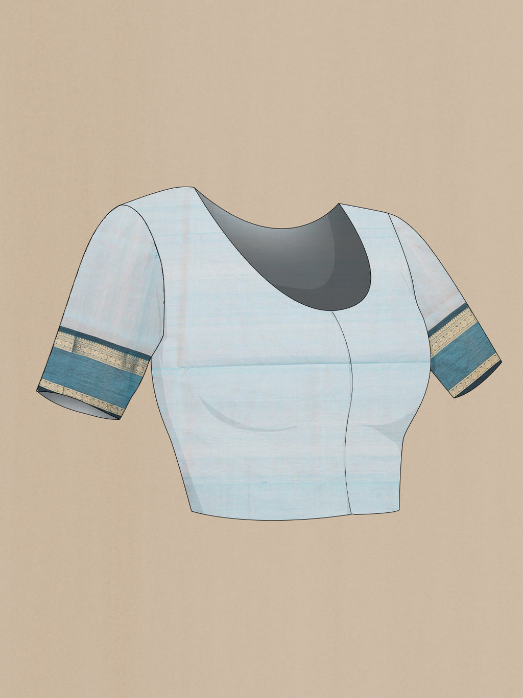 Close up image of the blouse of Sky Blue Dual Tone Silk Cotton Saree with Checked design on the body and Zari Border. 