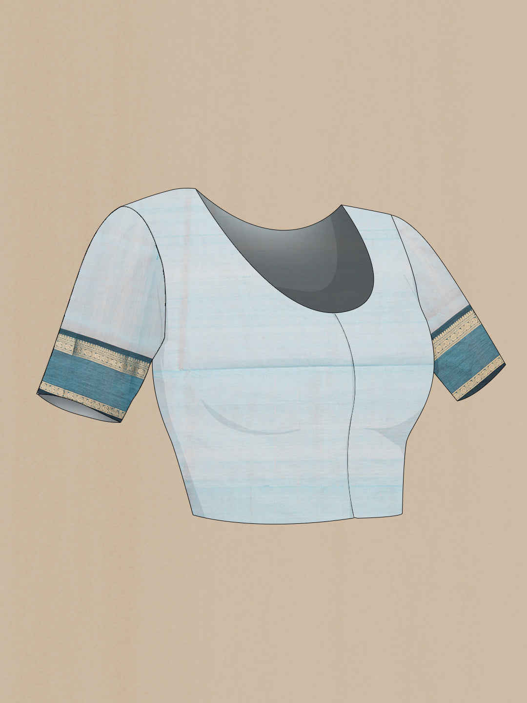 Close up image of the blouse of Sky Blue Dual Tone Silk Cotton Saree with Checked design on the body and Zari Border. 