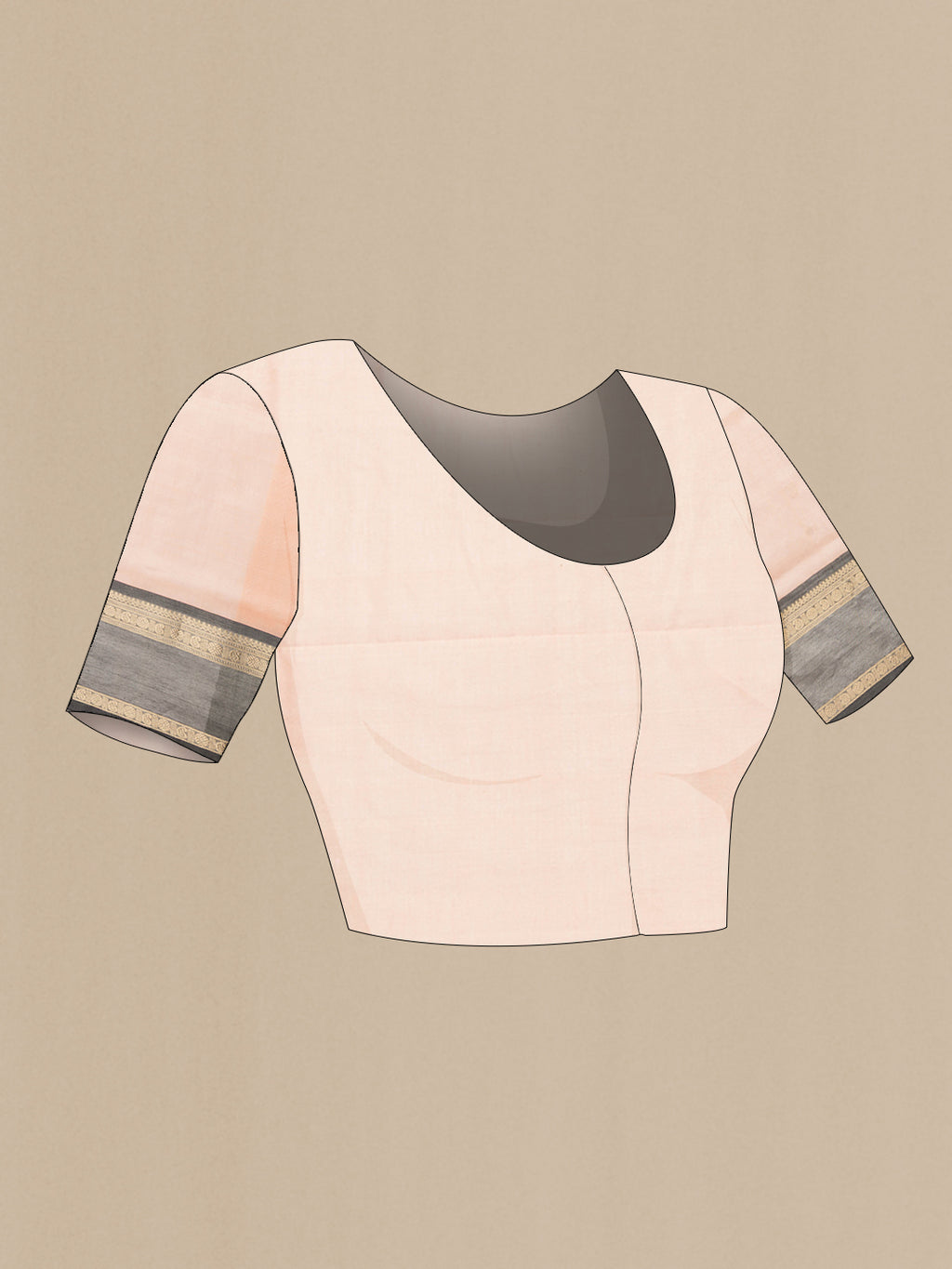 Close up image of the blouse of Golden Peach Dual Tone Silk Cotton Saree with Checked design on the body and Zari Border. 