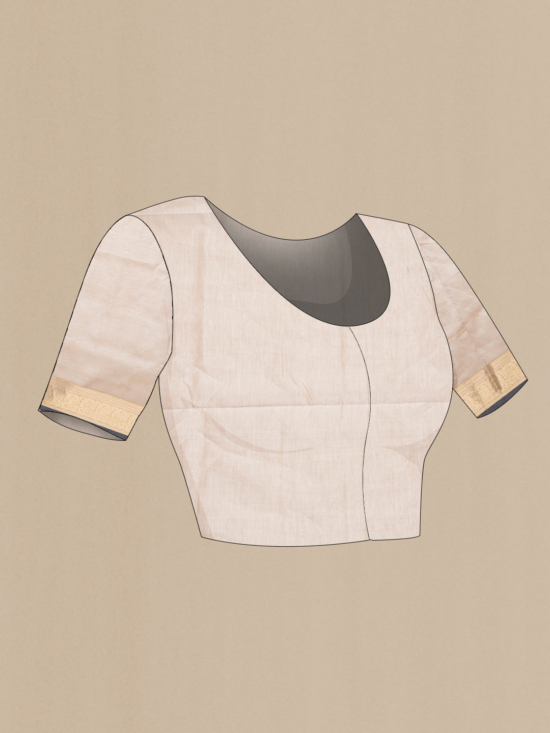 Close up image of the blouse of Beige Dual Tone Silk Cotton Saree with Zari Butta on the body and Zari Border. 