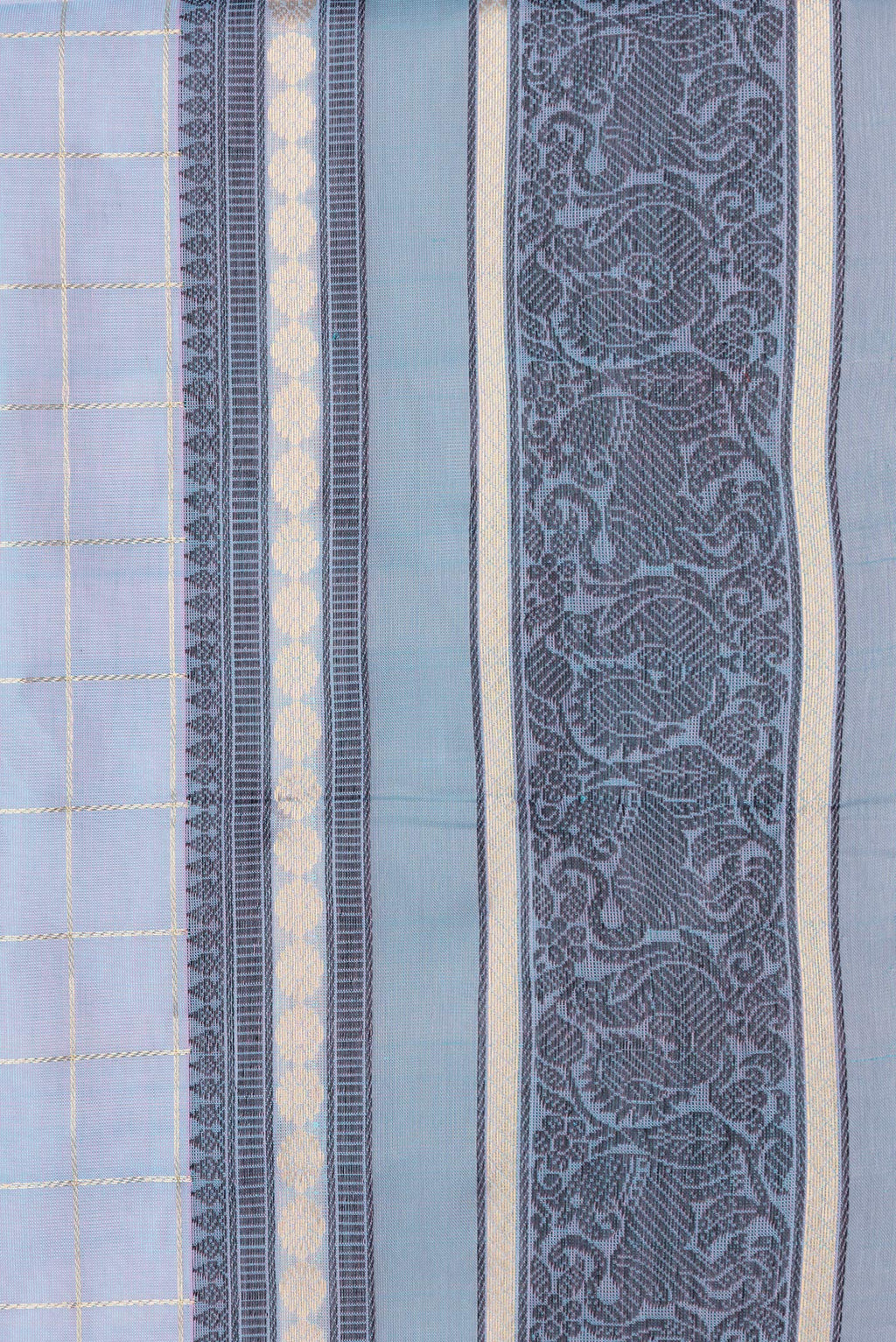 Border image of Peacock Blue Dual Tone Silk Cotton Saree with Checked design on the body and Zari And Thread Border. 