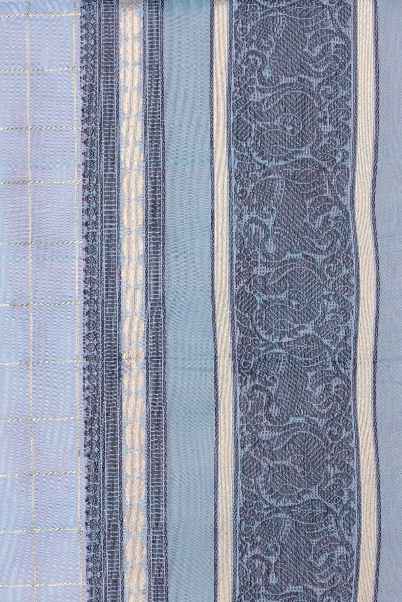 Border image of Peacock Blue Dual Tone Silk Cotton Saree with Checked design on the body and Zari And Thread Border. 