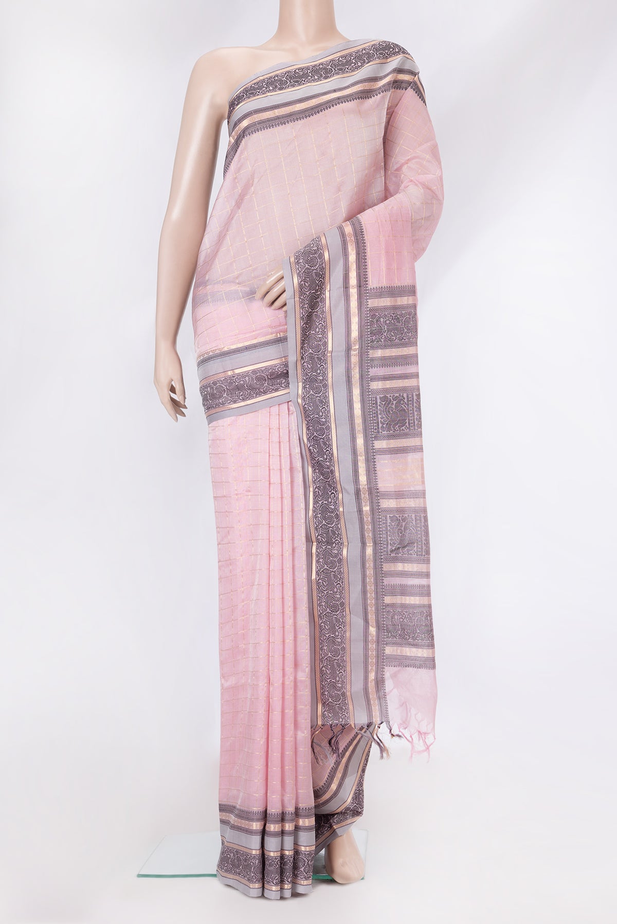 Pink Dual Tone Silk Cotton Saree with Checked design on the body and Zari And Thread Border.  displayed on a mannequin