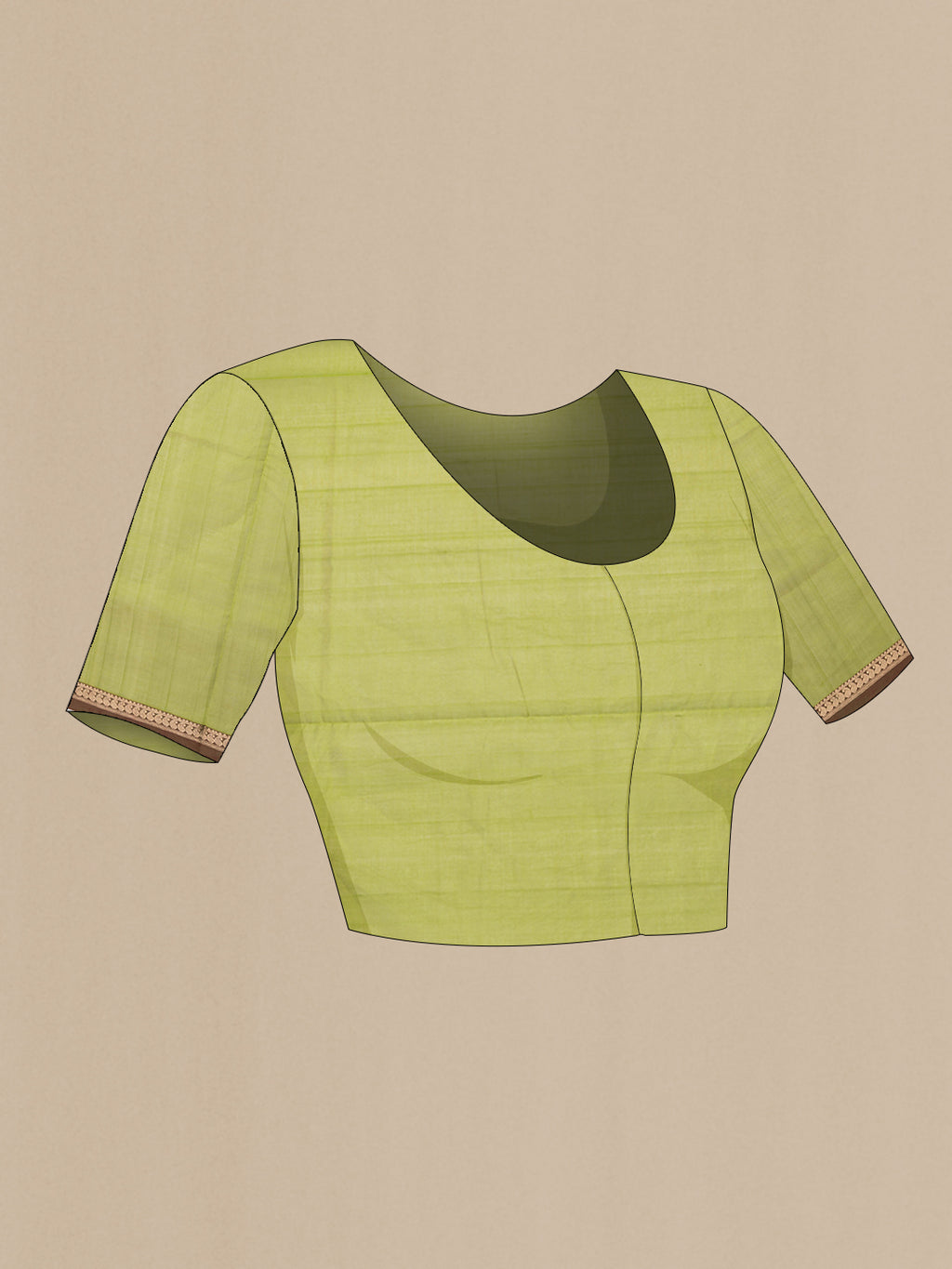 Close up image of the blouse of Parrot Green Dual Tone Silk Cotton Saree with Zari Butta on the body and Zari Border. 