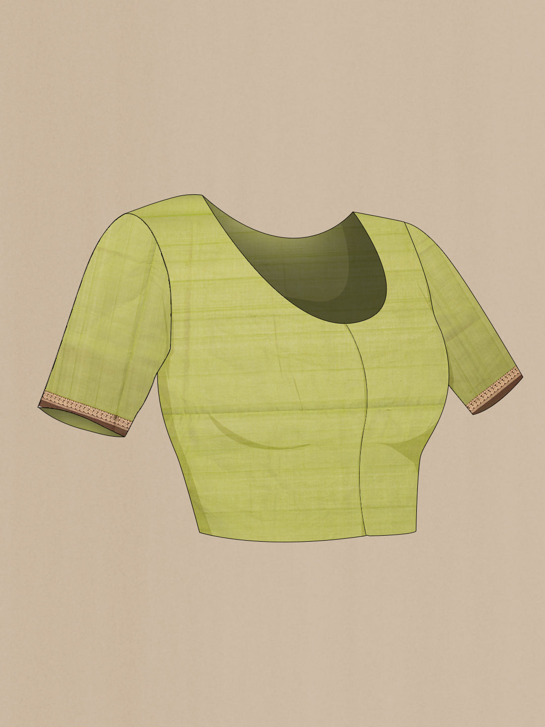 Close up image of the blouse of Parrot Green Dual Tone Silk Cotton Saree with Zari Butta on the body and Zari Border. 