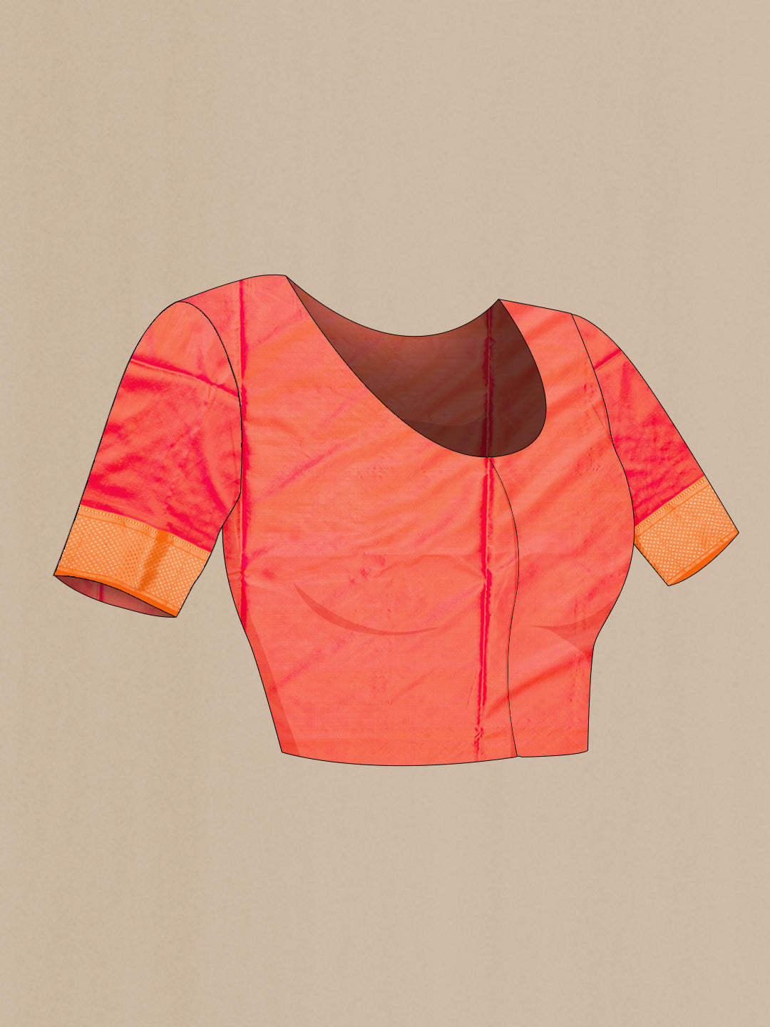 Close up image of the blouse of Rani Pink Maheshwari Silk Saree with Zari Butta on the body and Zari Border. 