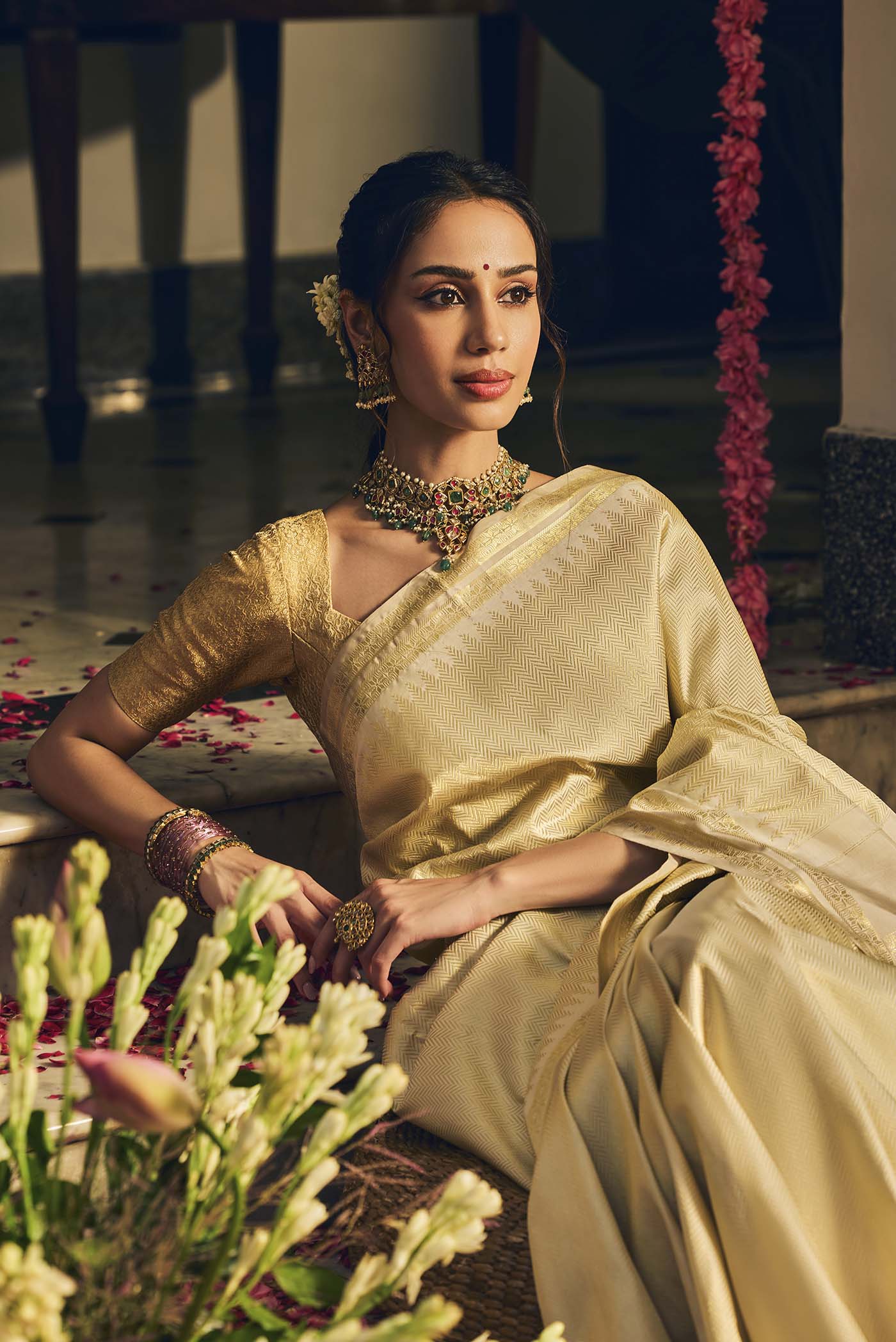 Rukmini-Off White Kanchipuram Silk Saree