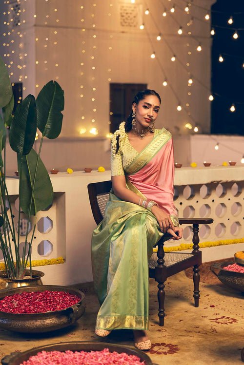Aabha-Pink with Green Half and Half Kanchipuram Silk Saree