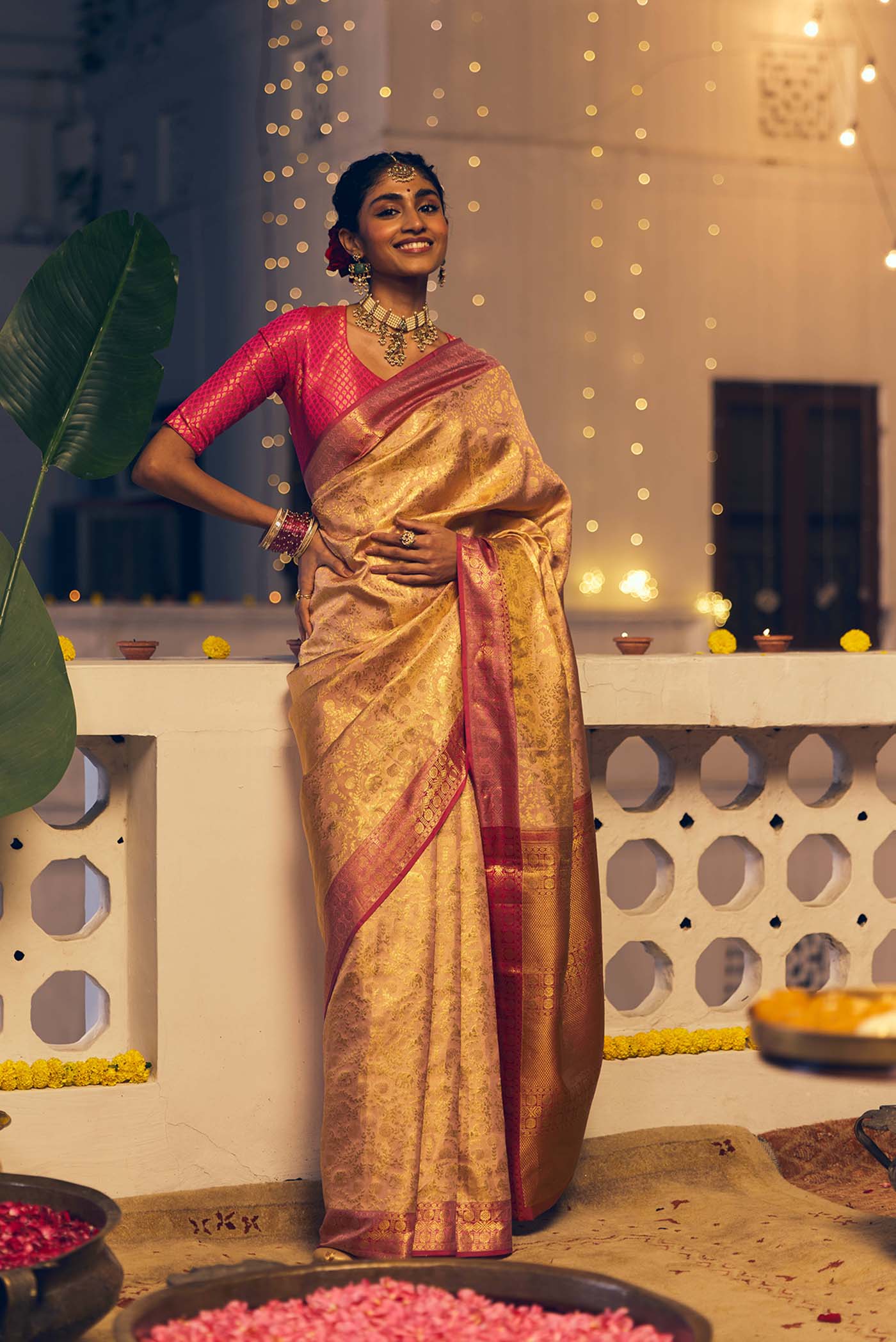 Ridhi-Rose Gold Kanchipuram Tissue Silk Saree