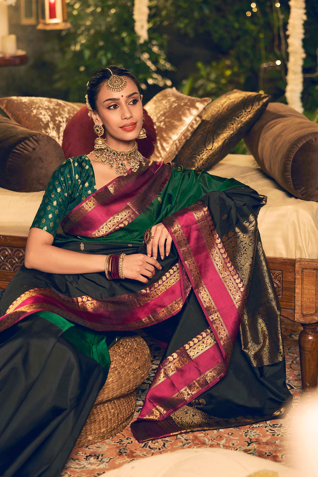 Rudraksha-Black with Green Half and Half Kanchipuram Silk Saree