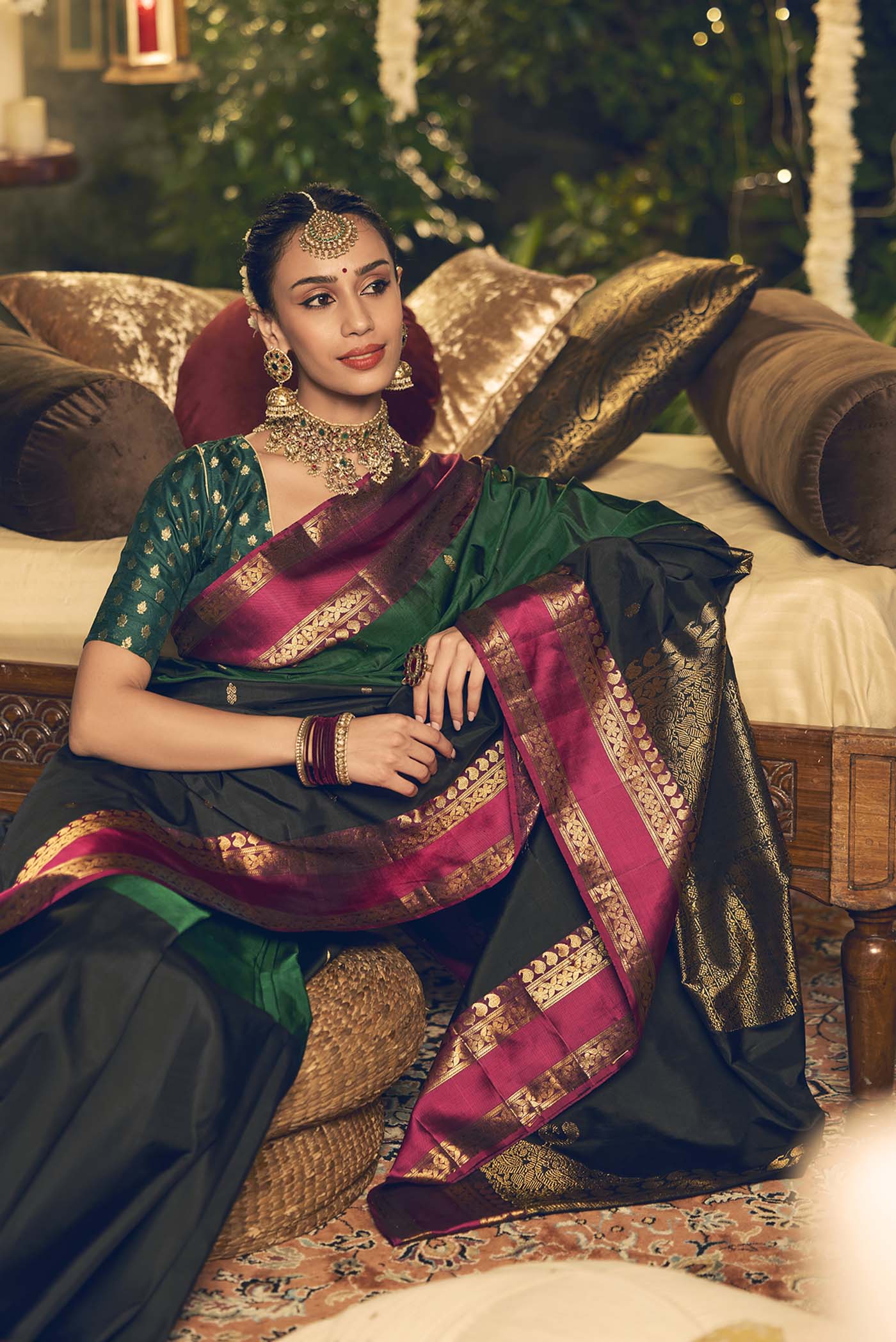 Rudraksha-Black with Green Half and Half Kanchipuram Silk Saree