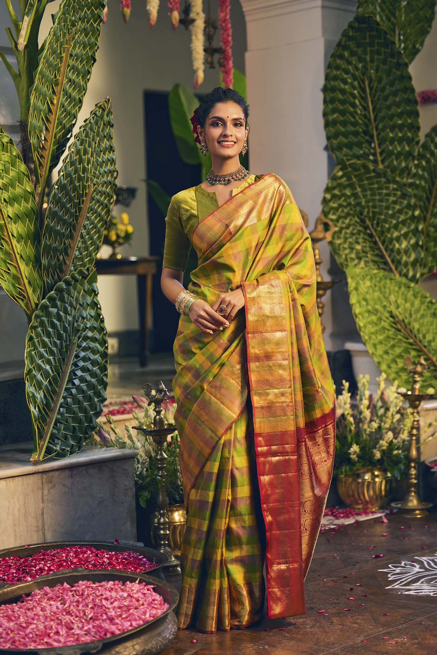 Saroja-Multi-Colored Checks Kanchipuram Silk Saree