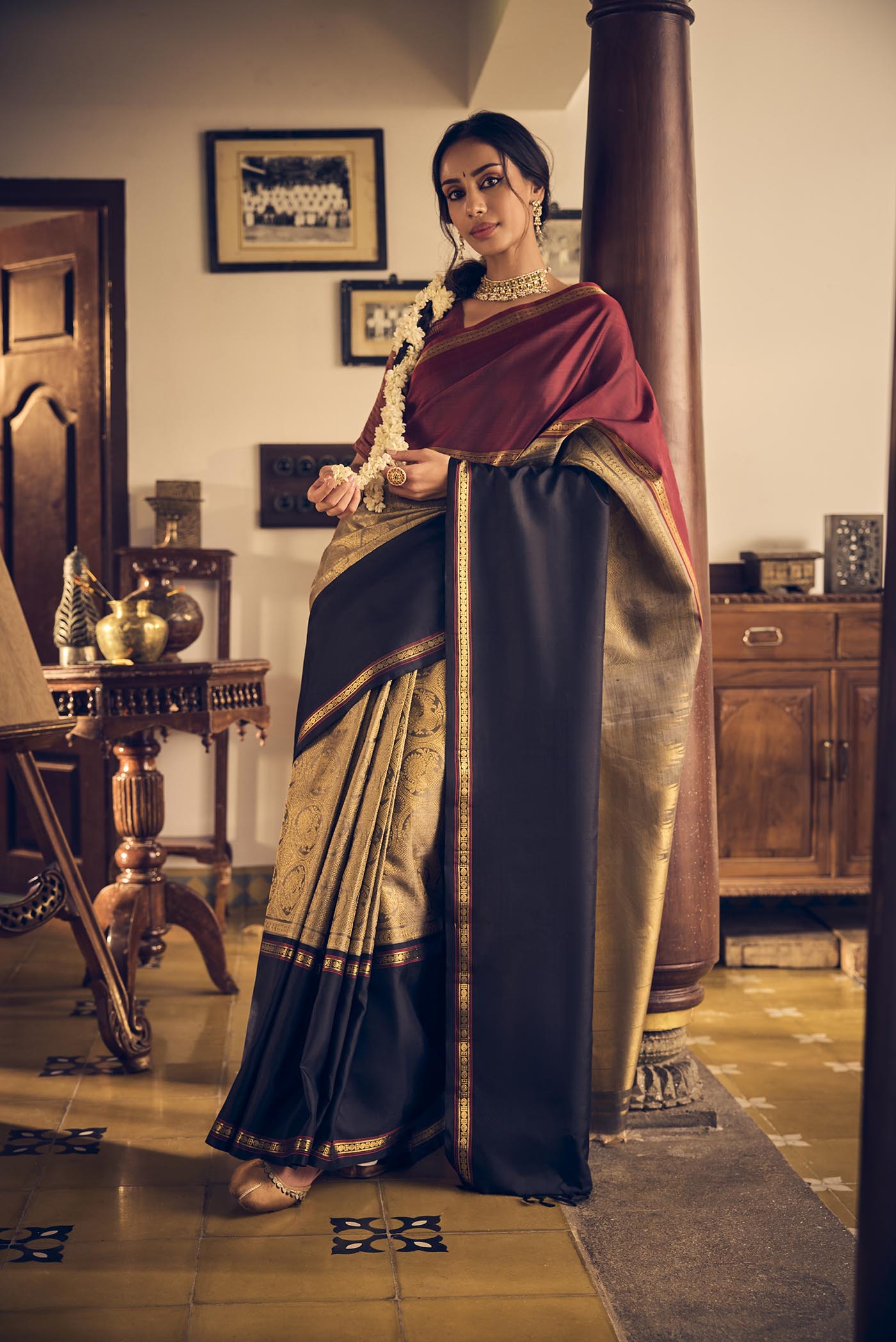 Nritya-Pure Silk Pure Gold Zari Grey Kanchipuram Saree
