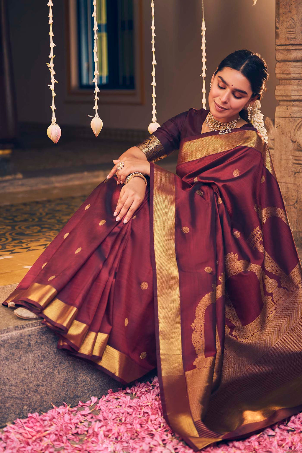 Thiruvakshi-Pure Silk Pure Gold Zari Maroon Kanchipuram Saree