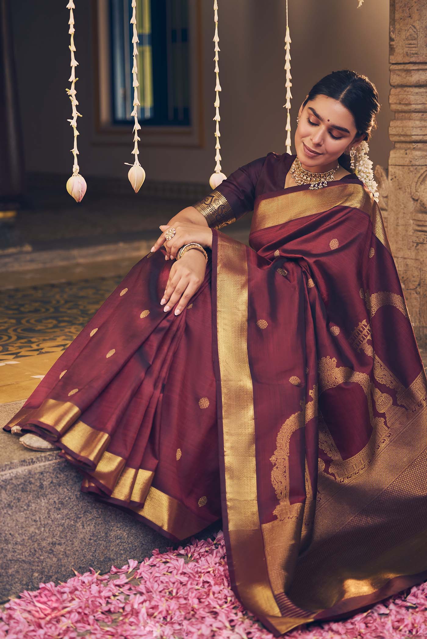 Thiruvakshi-Pure Silk Pure Gold Zari Maroon Kanchipuram Saree