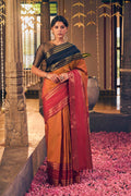 Kamala-Pure Silk Pure Gold Zari Mustard with Red Dual Tone Kanchipuram Saree