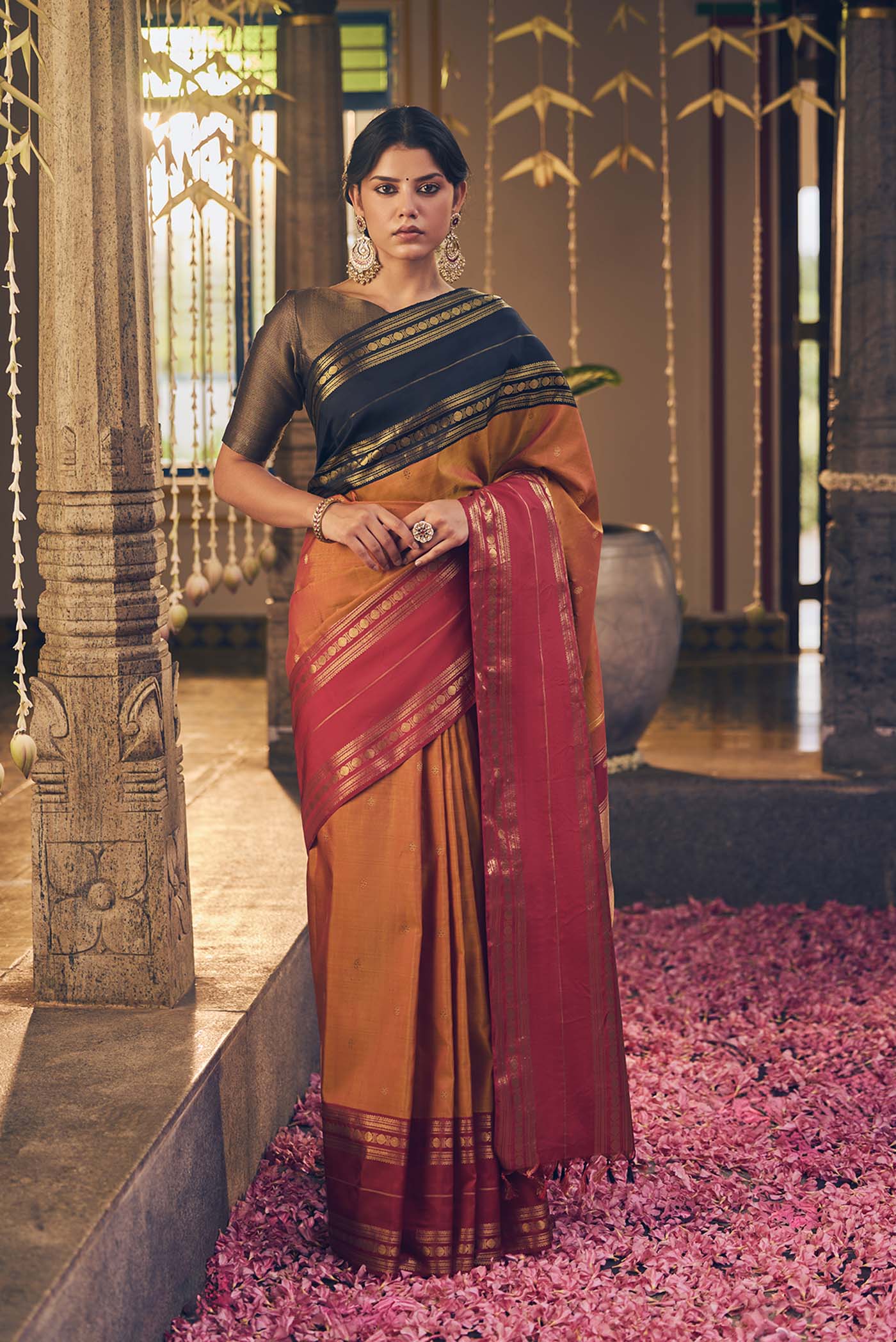 Kamala-Pure Silk Pure Gold Zari Mustard with Red Dual Tone Kanchipuram Saree