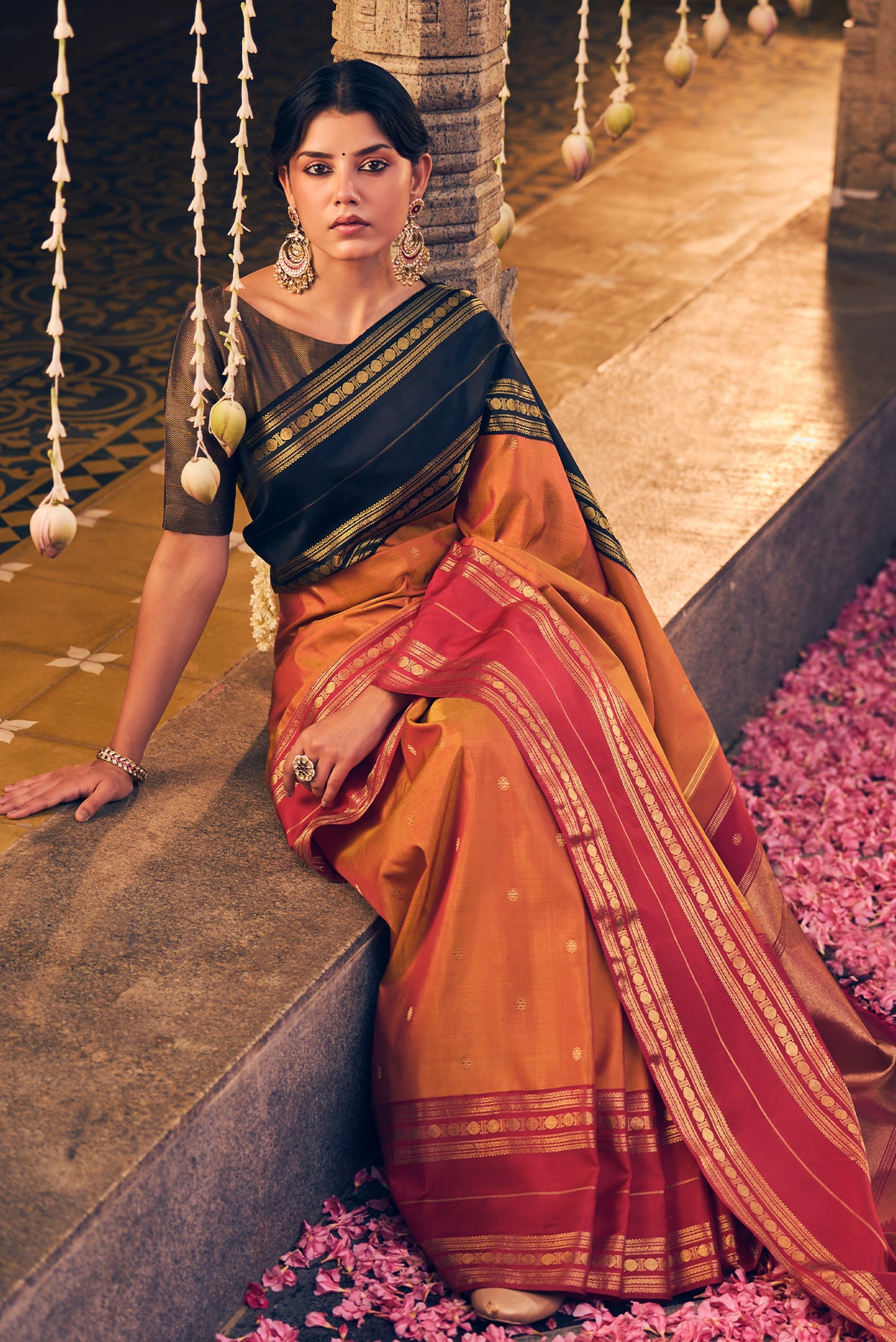 Kamala-Pure Silk Pure Gold Zari Mustard with Red Dual Tone Kanchipuram Saree