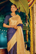 Mridula-Pure Silk Off-White with Blue Kanchipuram Saree