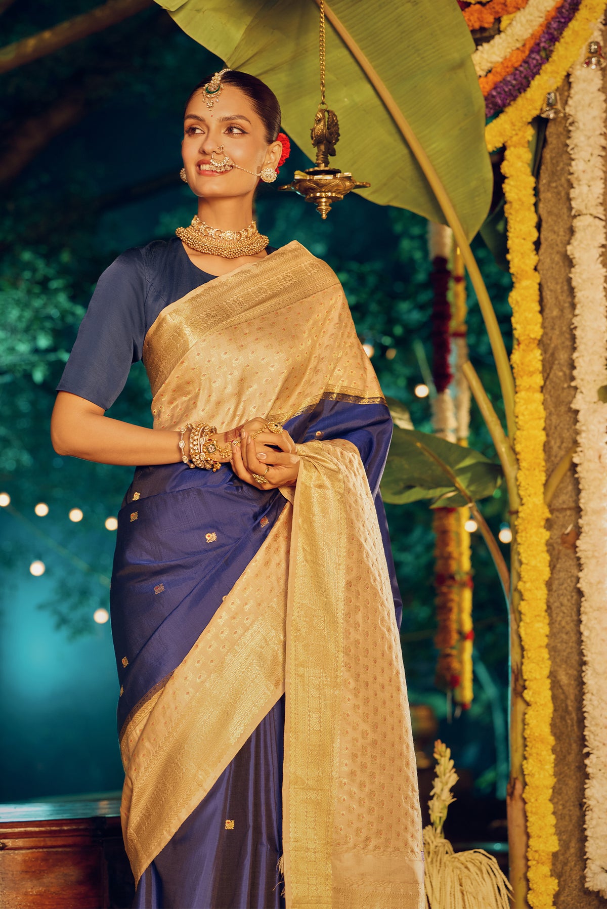 Mridula-Pure Silk Off-White with Blue Kanchipuram Saree