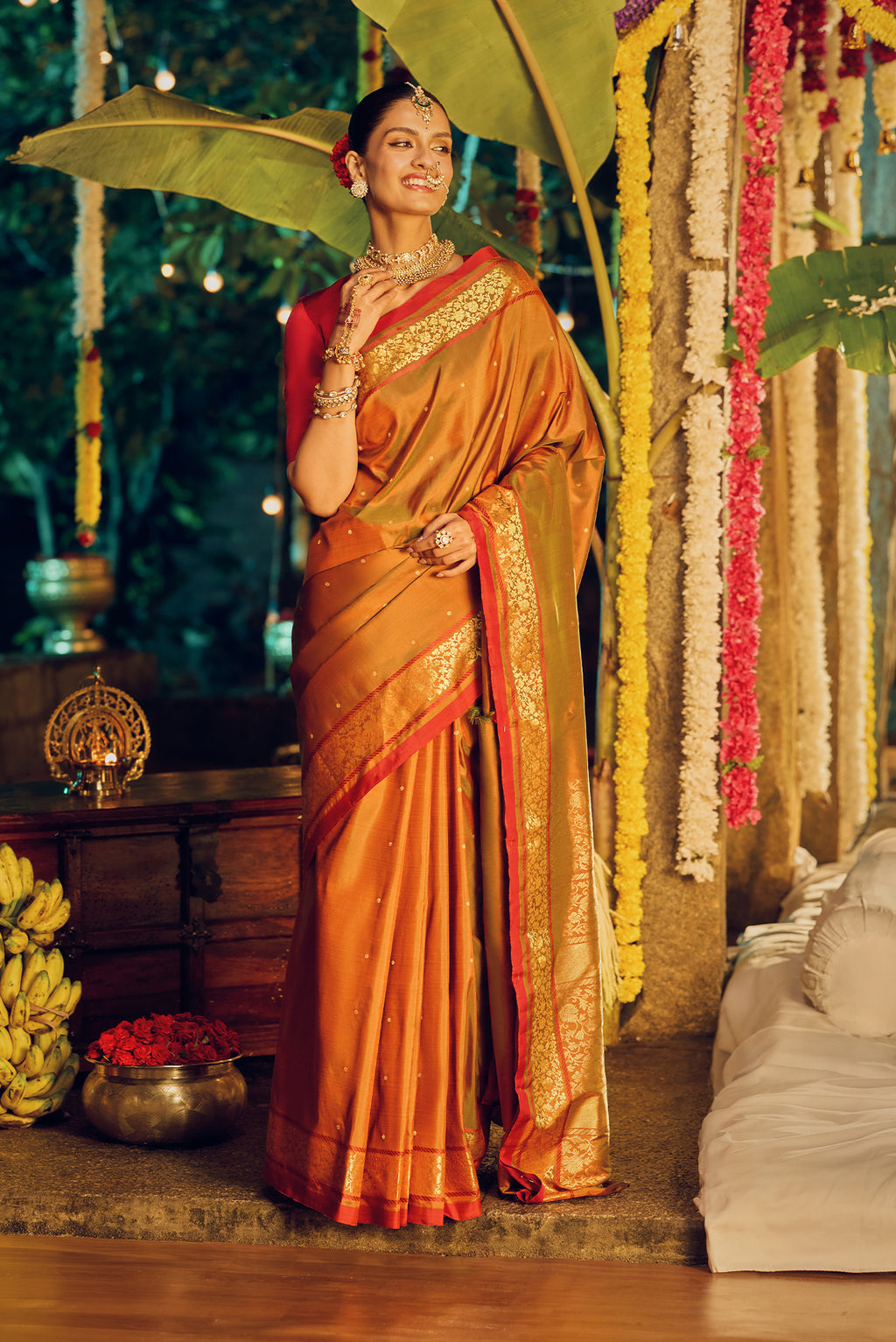 Raadhya-Pure Silk Orange-Green Kanchipuram Saree