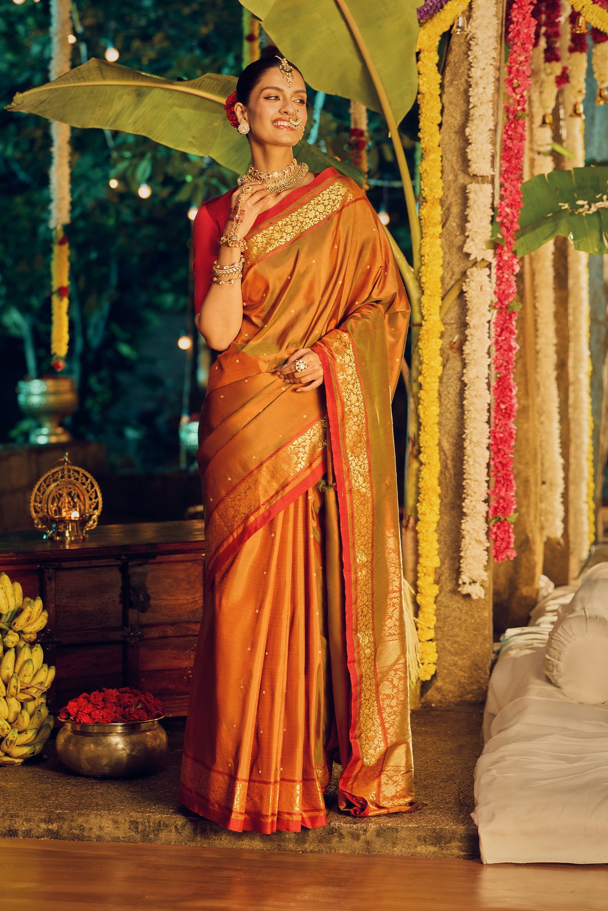 Raadhya-Pure Silk Orange-Green Kanchipuram Saree