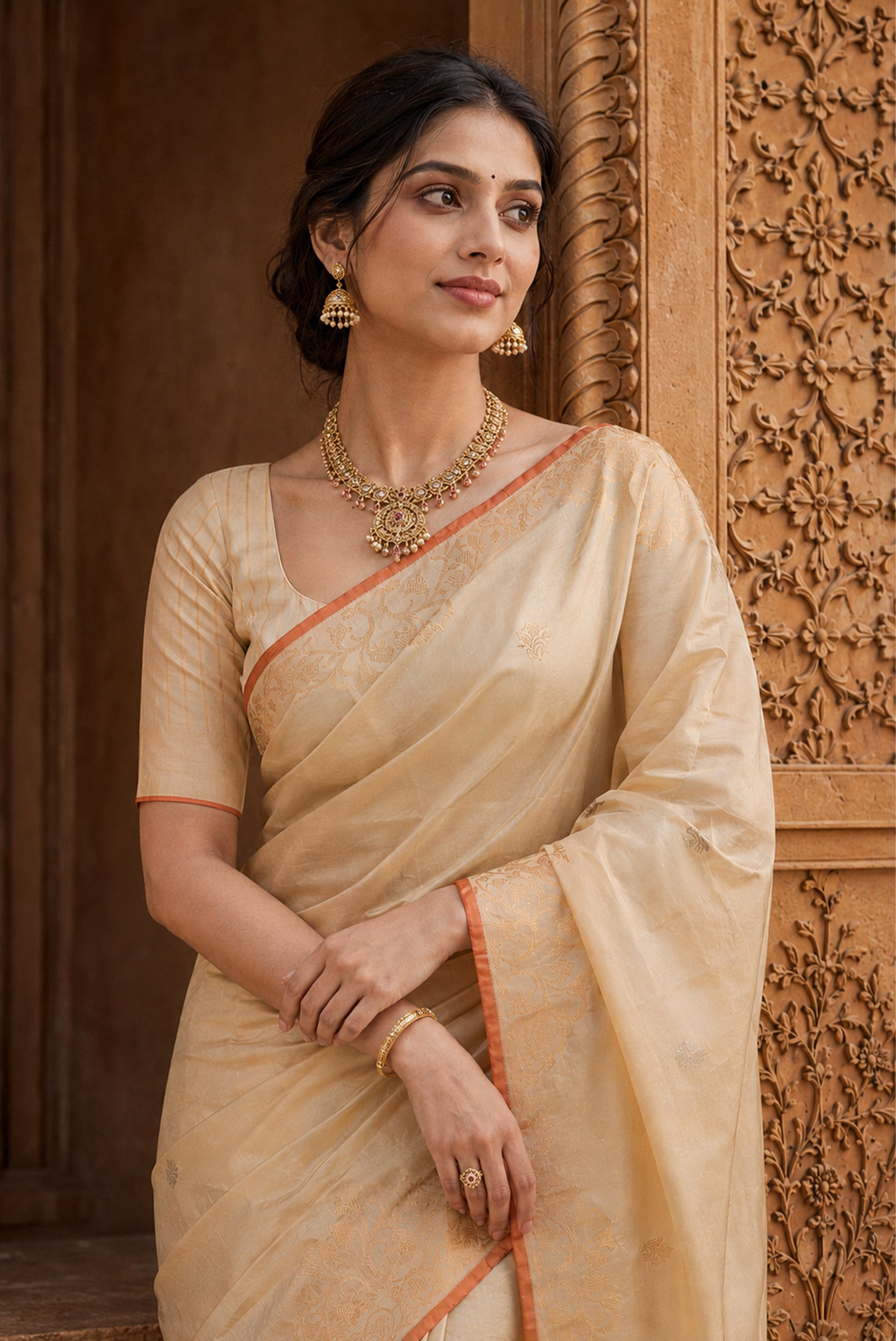 Mrunali - Beige Banarasi Katan Silk Saree