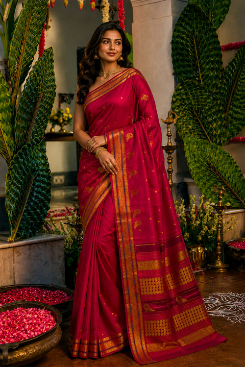 Model wearing a Aaradhya unfolds in a vibrant scarlet red, adorned with delicate rudraksh butas that bring depth and rhythm to the weave. The 3-inch borders feature mayil zari pet and rudraksh pet framed by contrasting silk bands. Along the lower border, graceful mayils with unfurled wings create a striking visual detail. The pallu is highlighted by a distinctive grid pattern accented with vibrant green bands