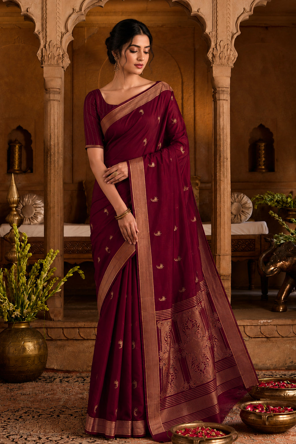 Shyama-Wine Banarasi Katan Silk Saree