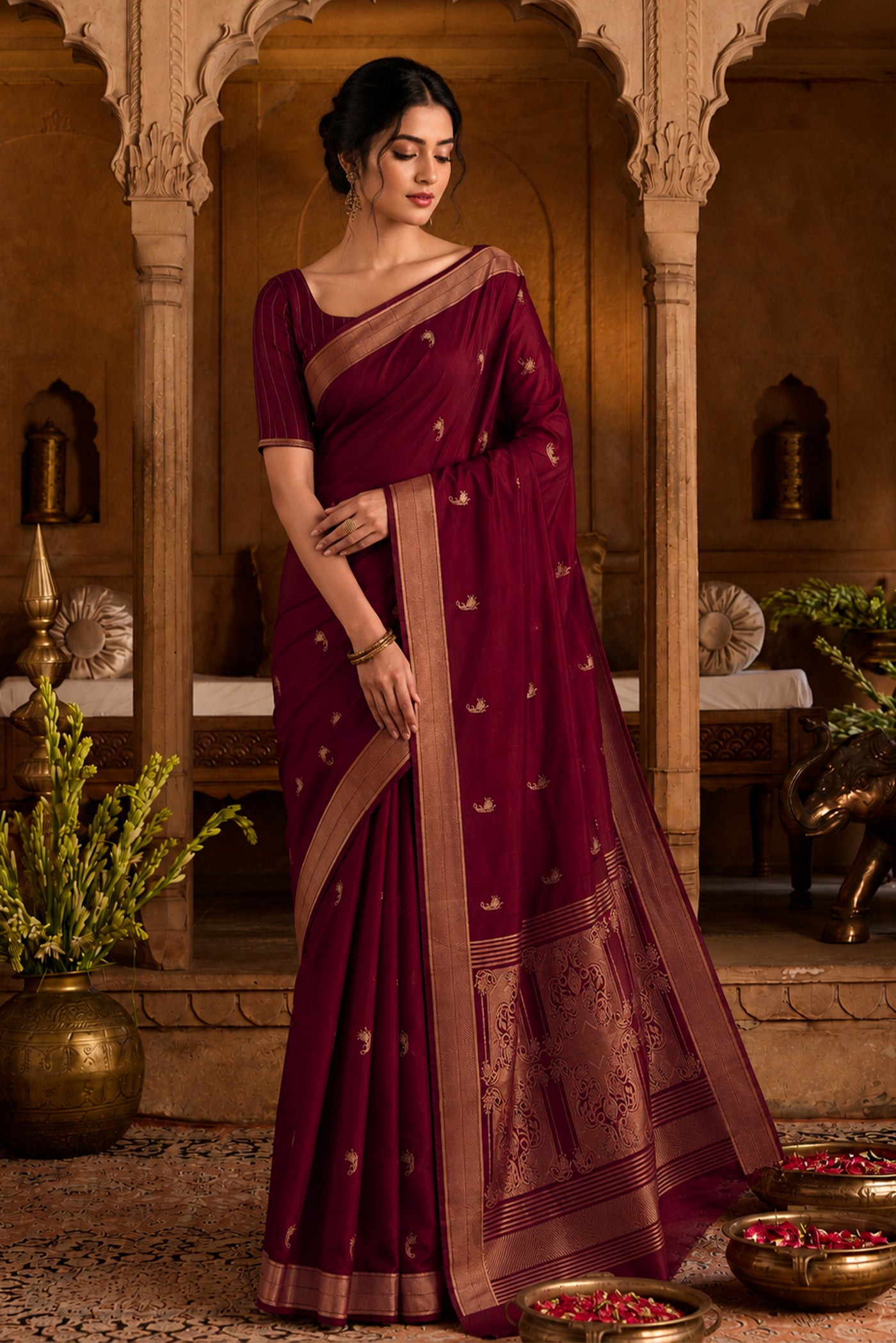 Shyama-Wine Banarasi Katan Silk Saree